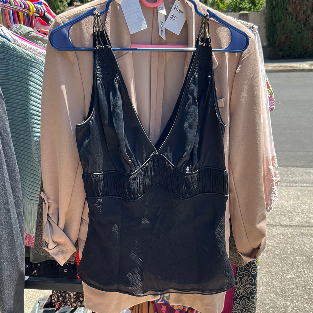 Catherine Malandrino | 100% silk tank top with chain shoulder detail deep V-Neck